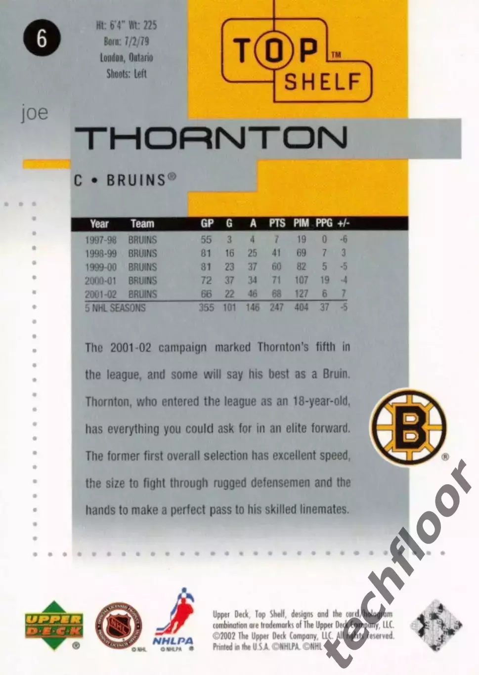 Карточка NHL Joe Thornton Boston Bruins/Джо Торнтон Бостон НХЛ 1