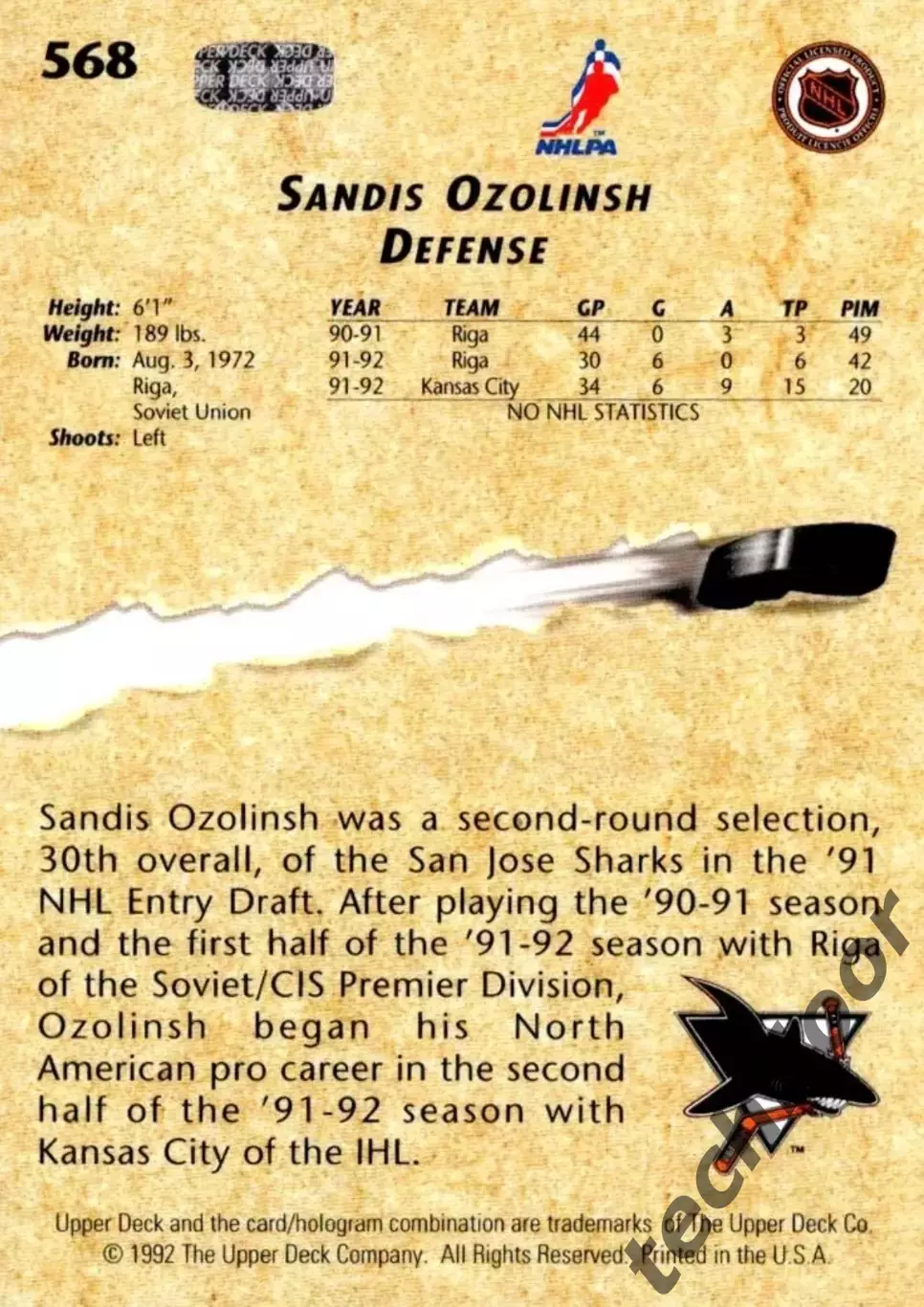 Карточка NHL Sandis Ozolinsh San Jose Sharks/ Сандис Озолиньш Сан-Хосе НХЛ 1