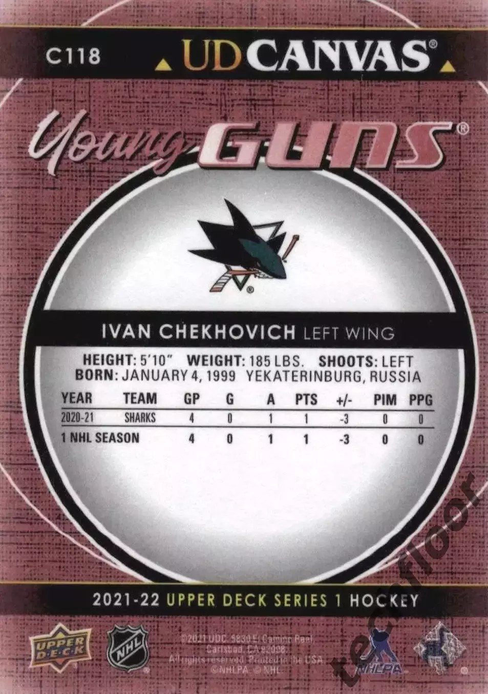Карточка Canvas NHL Ivan Chekhovich San Jose Sharks/Иван Чехович Сан-Хосе НХЛ 1