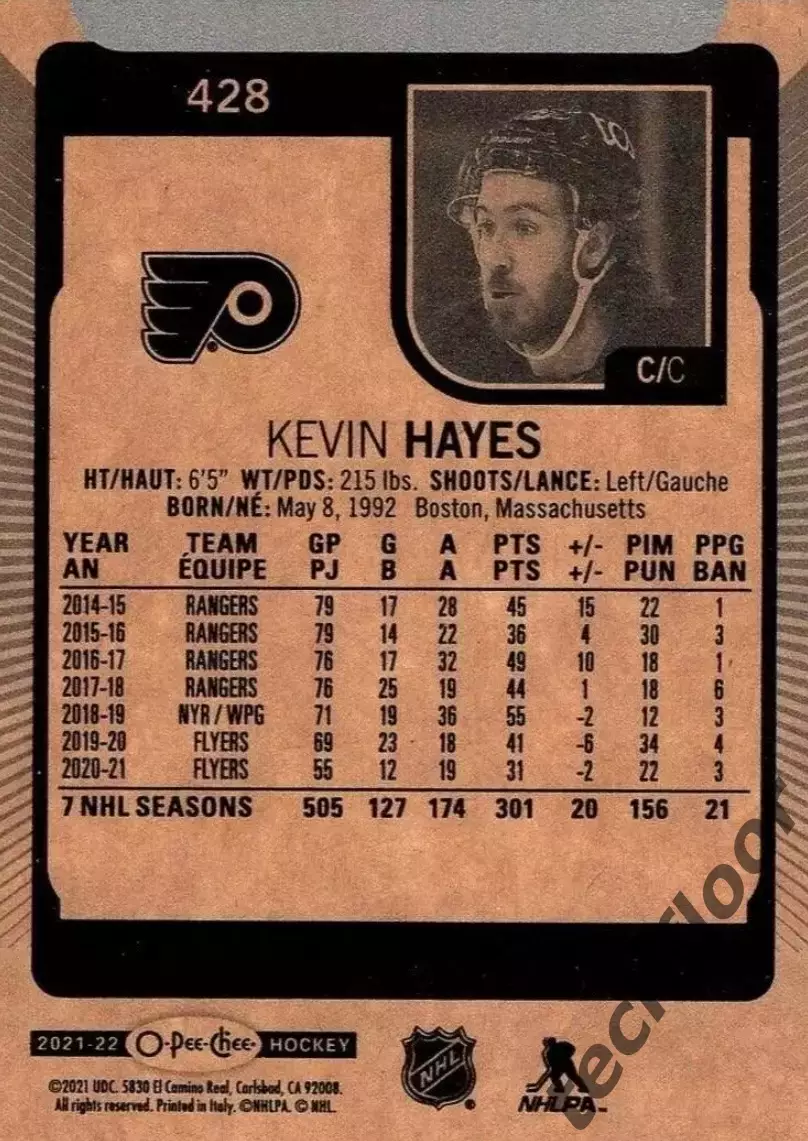 Карточка NHL Kevin Hayes Philadelphia Flyers/Кевин Хейз Филадельфия НХЛ 1