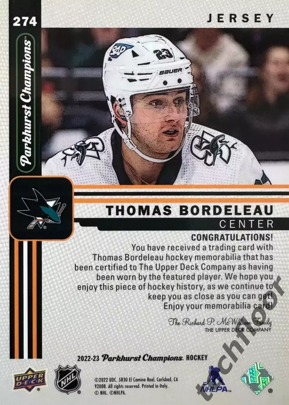 Карточка NHL Thomas Bordeleau San Jose Sharks/ Томас Бордело Сан-Хосе Шаркс НХЛ 1