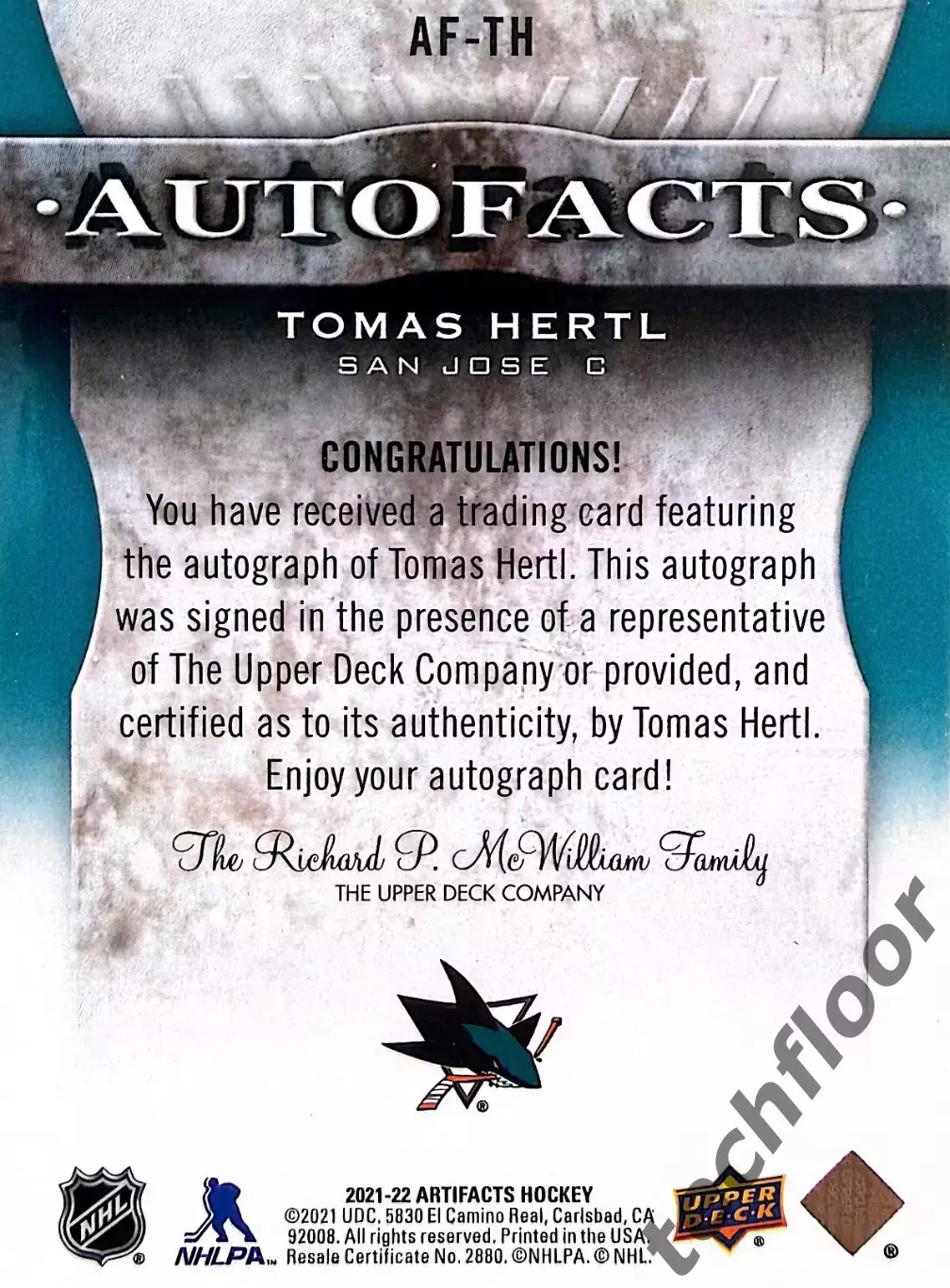 Карточка NHL Tomas Hertl San Jose Sharks/ Томаш Гертл Сан-Хосе НХЛ 1