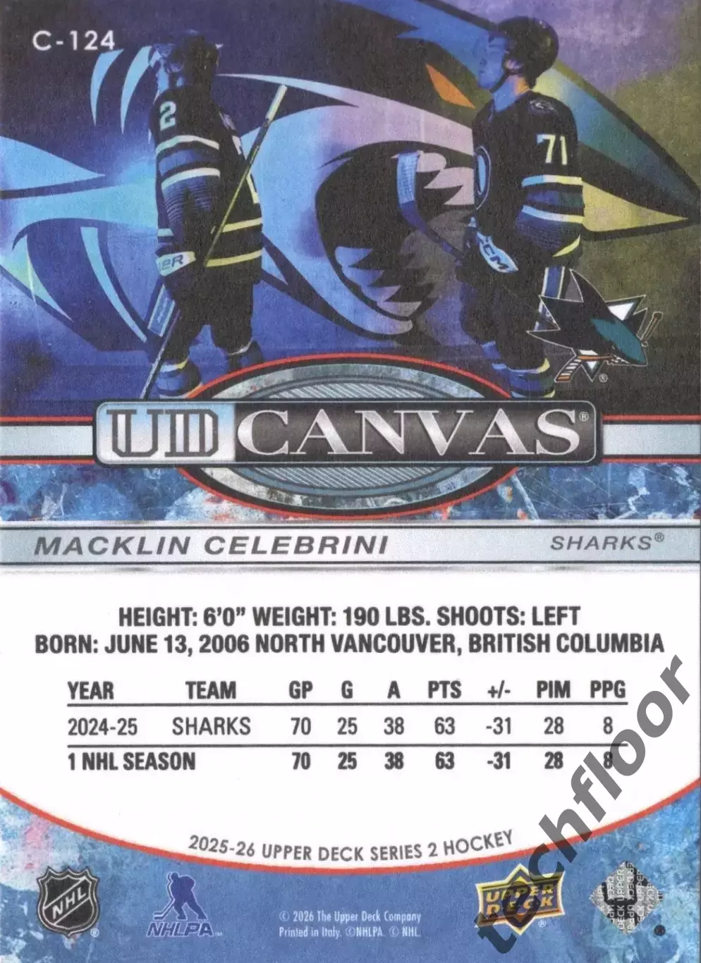 Карточка NHL Macklin Celebrini San Jose Sharks/Маклин Селебрини Сан-Хосе НХЛ 1