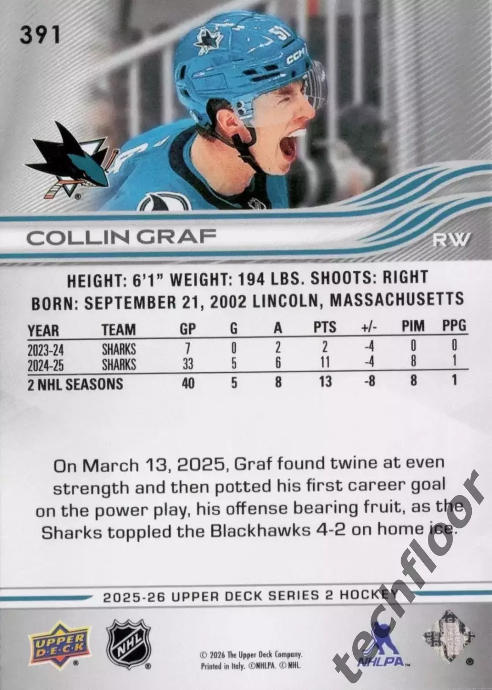 Карточка NHL Collin Graf San Jose Sharks / Коллин Граф Сан-Хосе Шаркс НХЛ 1