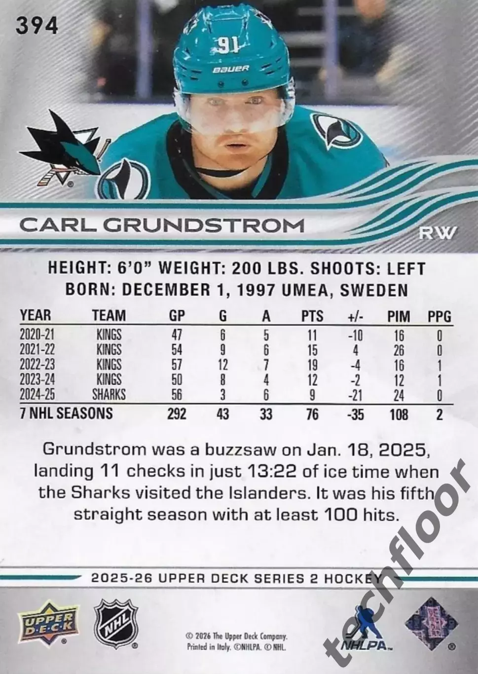 Карточка NHL Carl Grundstrom San Jose Sharks/ Карл Грундстрём Сан-Хосе Шаркс НХЛ 1