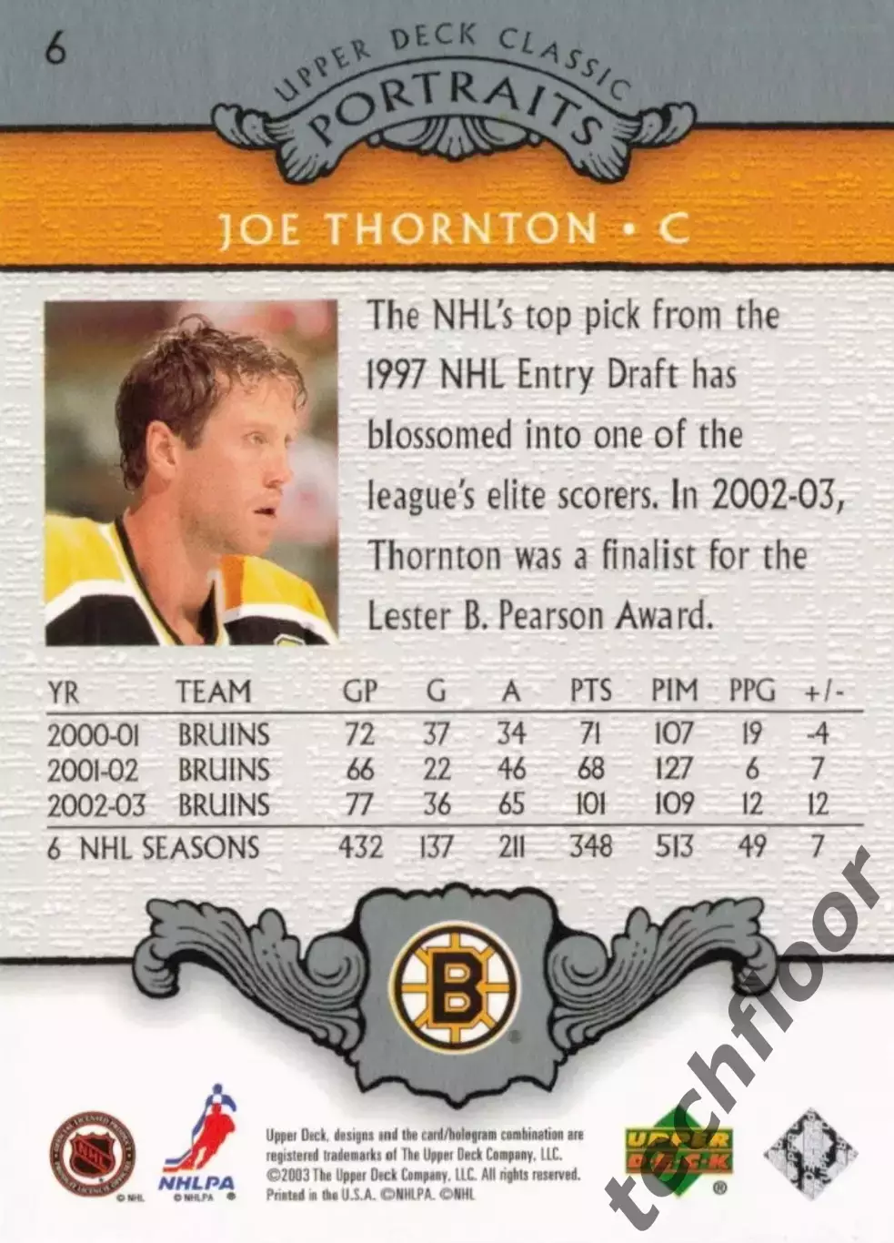 Карточка NHL Joe Thornton Boston Bruins /Джо Торнтон Бостон НХЛ 1
