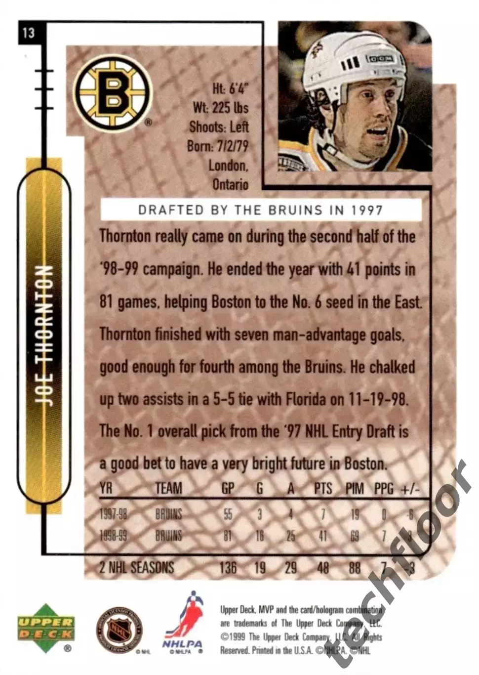 Карточка NHL Joe Thornton Boston Bruins/Джо Торнтон Бостон НХЛ 1