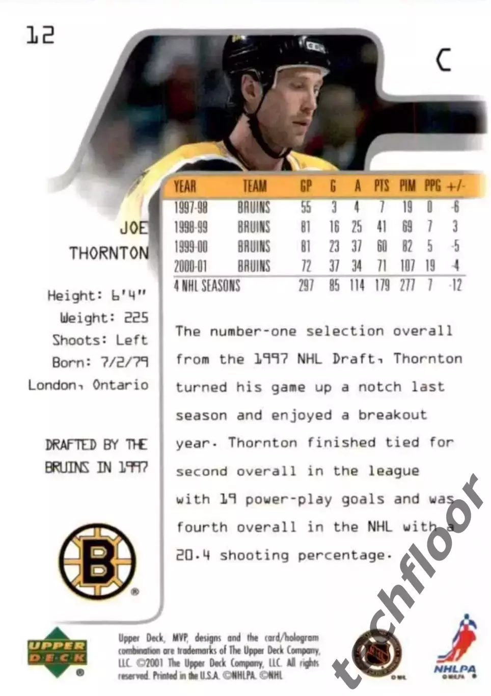 Карточка NHL Joe Thornton Boston Bruins/Джо Торнтон Бостон НХЛ 1