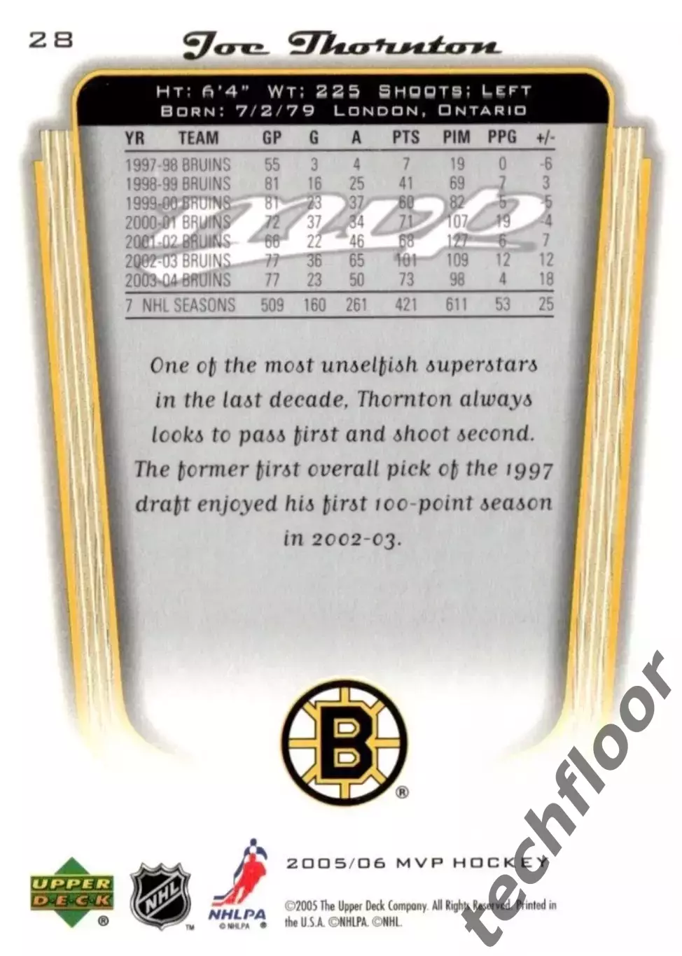 Карточка NHL Joe Thornton Boston Bruins/Джо Торнтон Бостон НХЛ 1