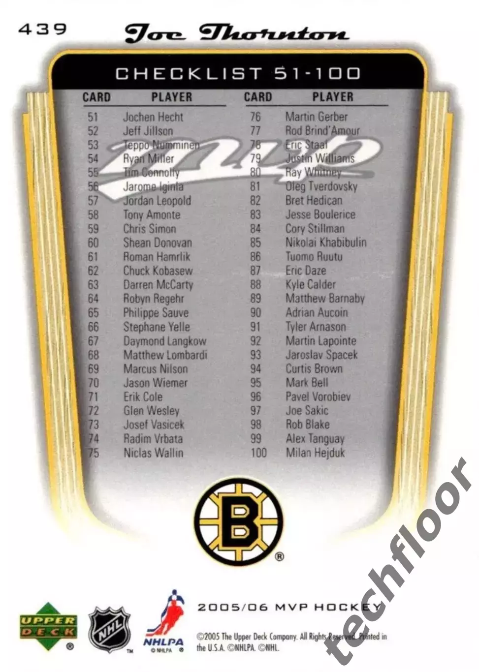 Карточка NHL Joe Thornton Boston Bruins/Джо Торнтон Бостон НХЛ 1