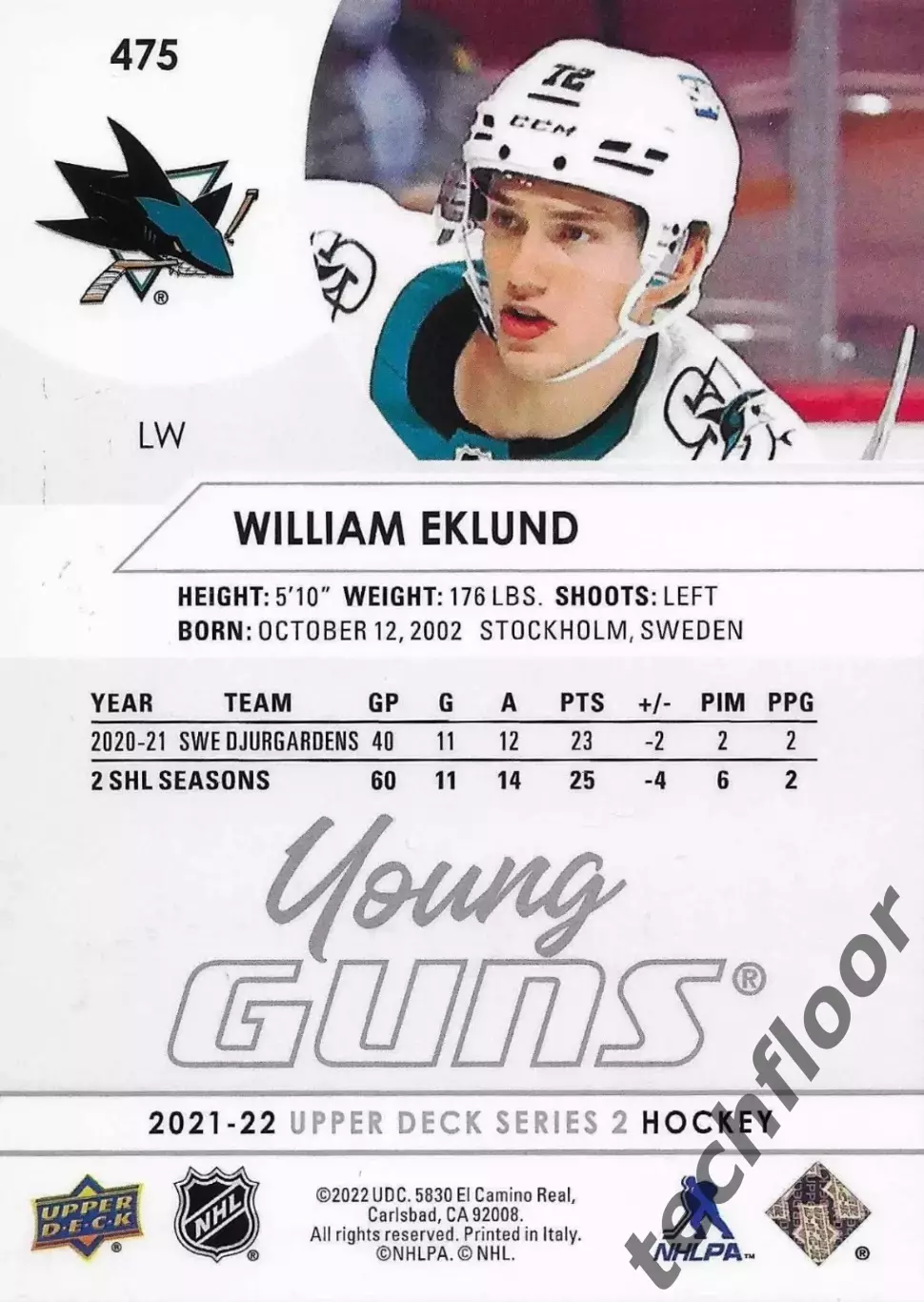 Карточка NHL William Eklund San Jose Sharks/Виллиам Эклунд Сан-Хосе НХЛ 1