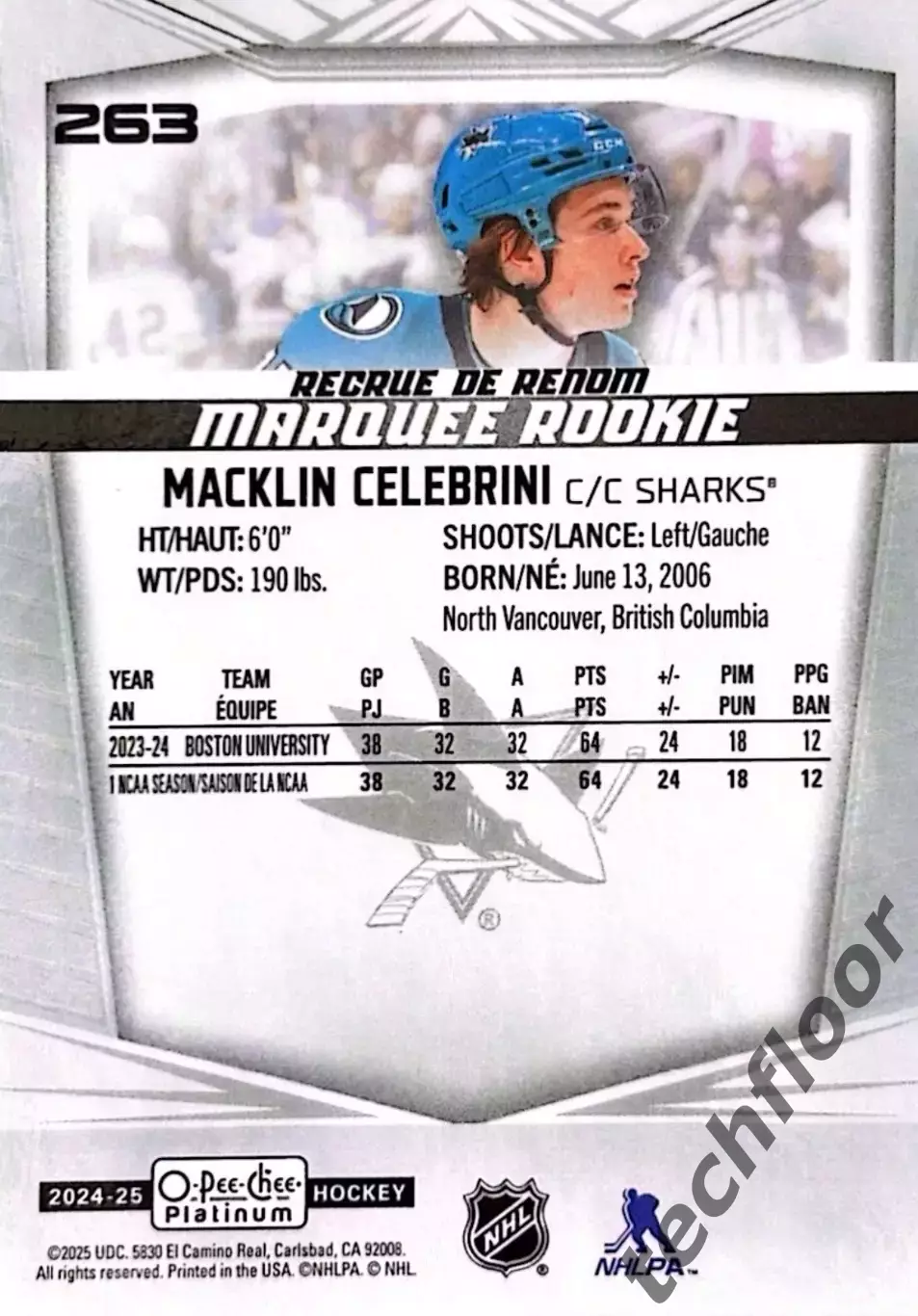 Карточка NHL Macklin Celebrini San Jose Sharks/ Маклин Селебрини Сан-Хосе НХЛ 1