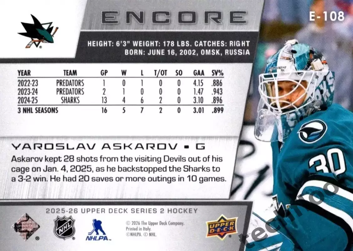 Карточка NHL Yaroslav Askarov San Jose Sharks/Ярослав Аскаров Сан-Хосе НХЛ 1
