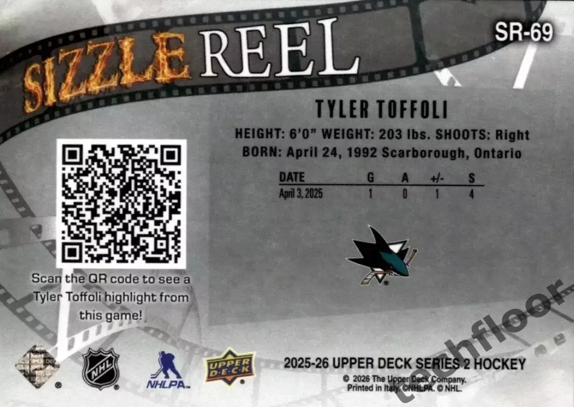 Карточка NHL Tyler Toffoli San Jose Sharks /Тайлер Тоффоли Сан-Хосе НХЛ 1