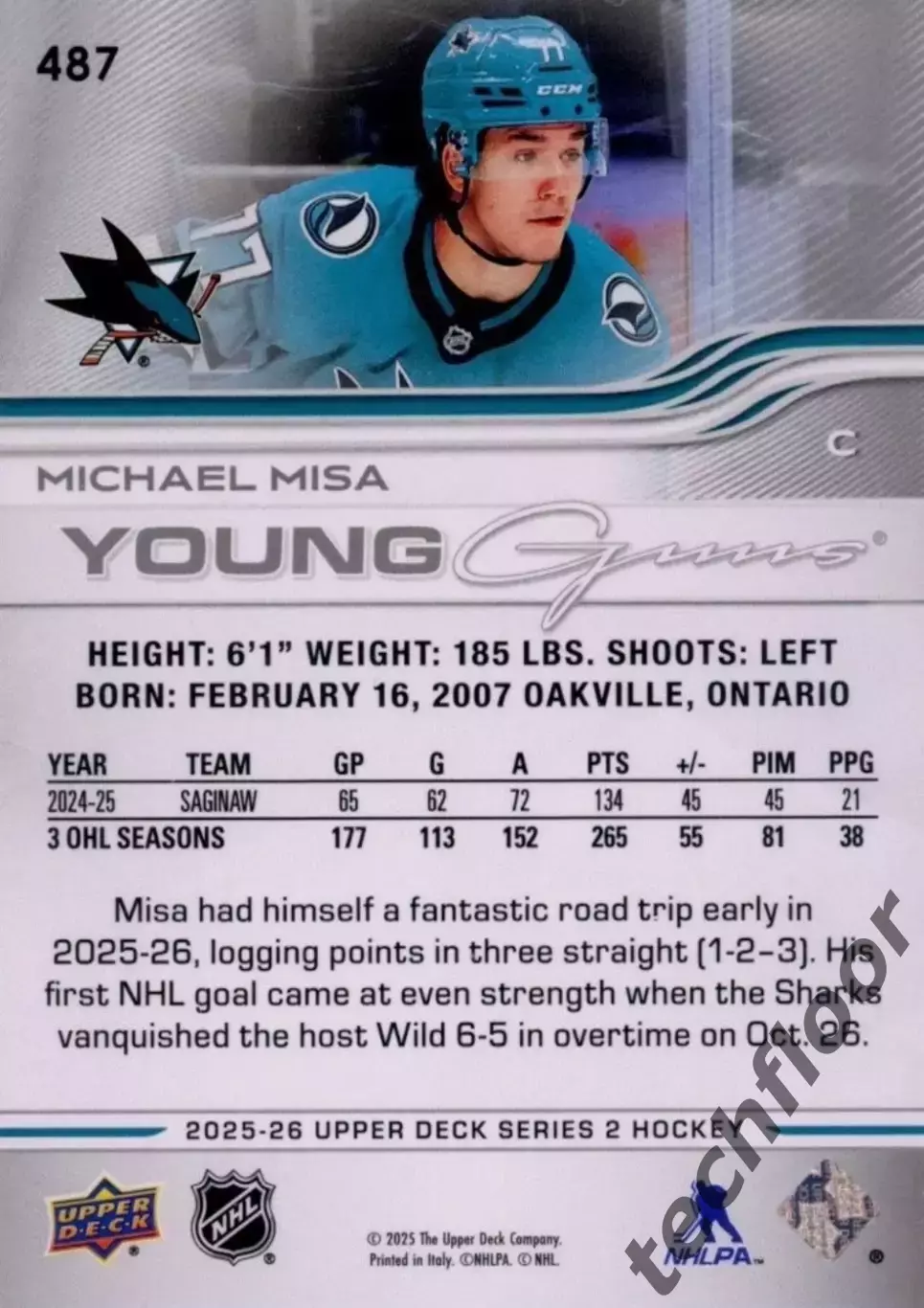 Карточка NHL Michael Misa San Jose Sharks/Майкл Миса Сан-Хосе НХЛ 1