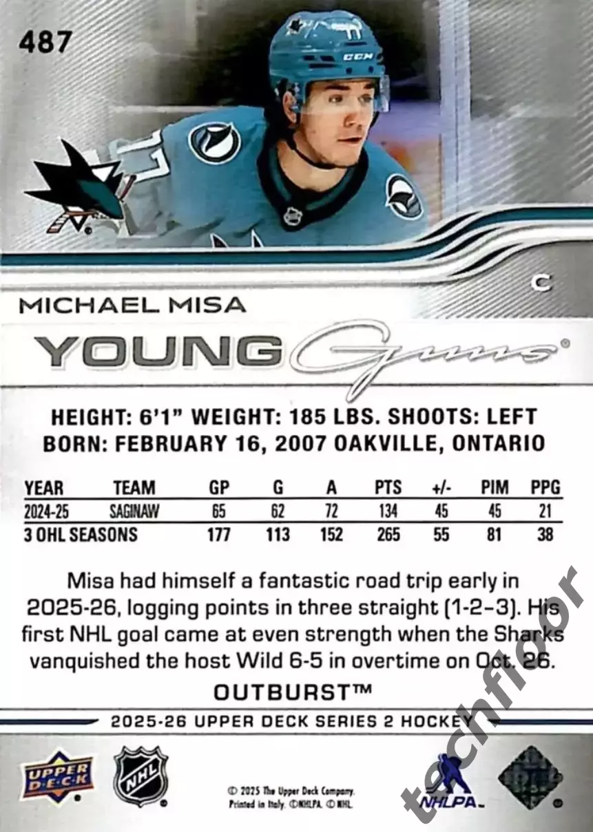 Карточка NHL Michael Misa San Jose Sharks / Майкл Миса Сан-Хосе НХЛ 1
