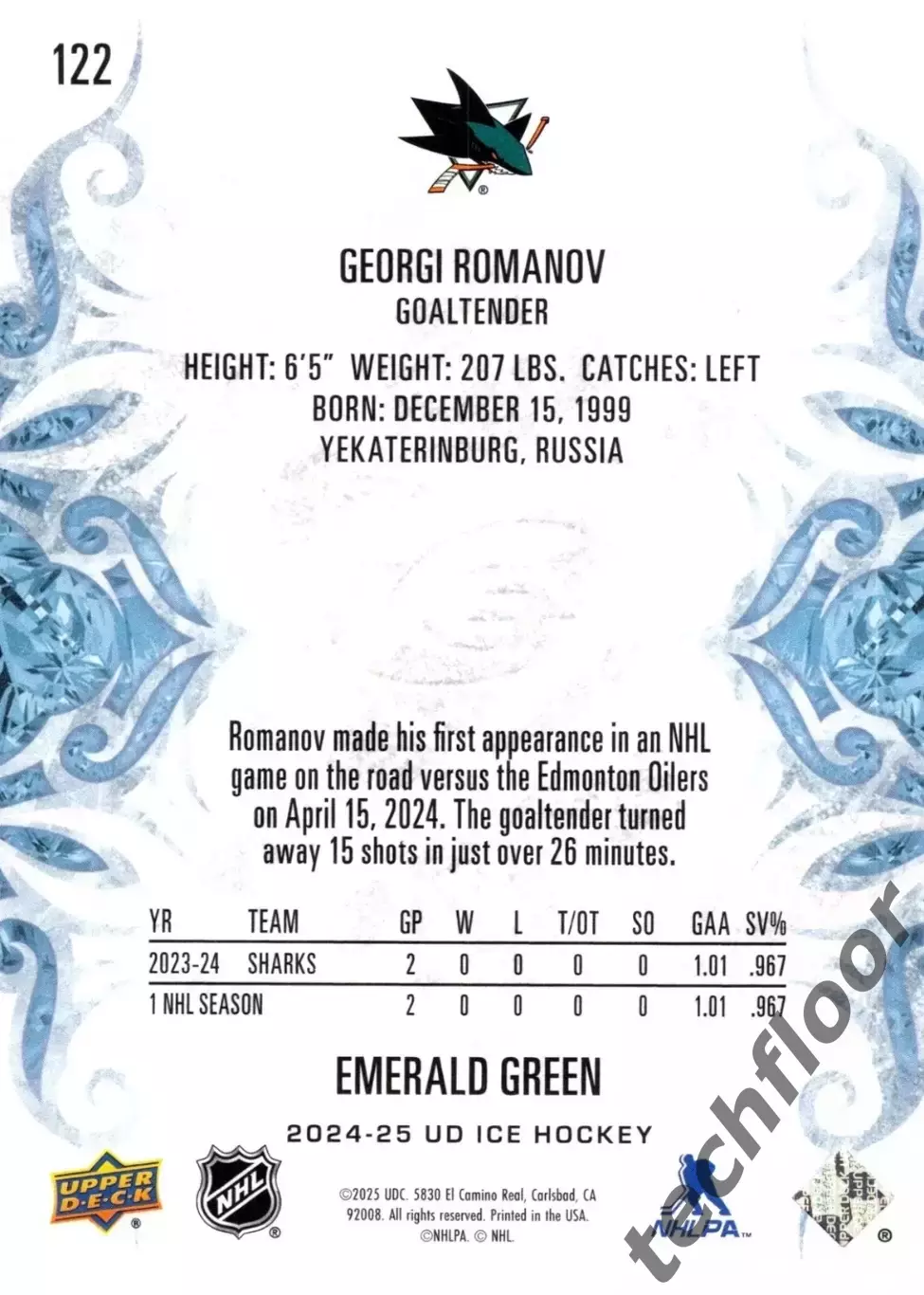 Карточка NHL Georgi Romanov San Jose Sharks/Георгий Романов Сан-Хосе НХЛ 1
