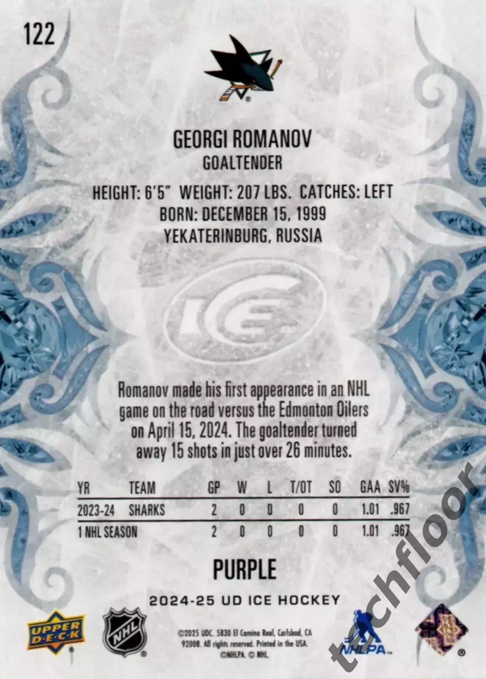 Карточка NHL Georgi Romanov San Jose Sharks/Георгий Романов Сан-Хосе НХЛ 1