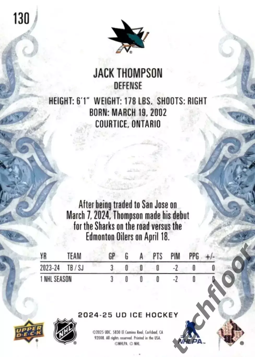 Карточка NHL Jack Thompson San Jose Sharks /Джек Томпсон Сан-Хосе НХЛ 1
