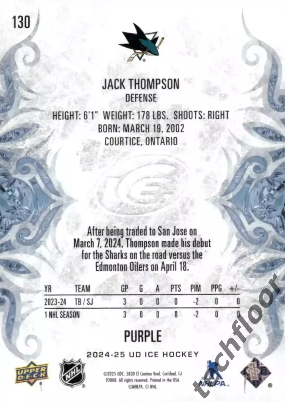 Карточка NHL Jack Thompson San Jose Sharks / Джек Томпсон Сан-Хосе НХЛ 1