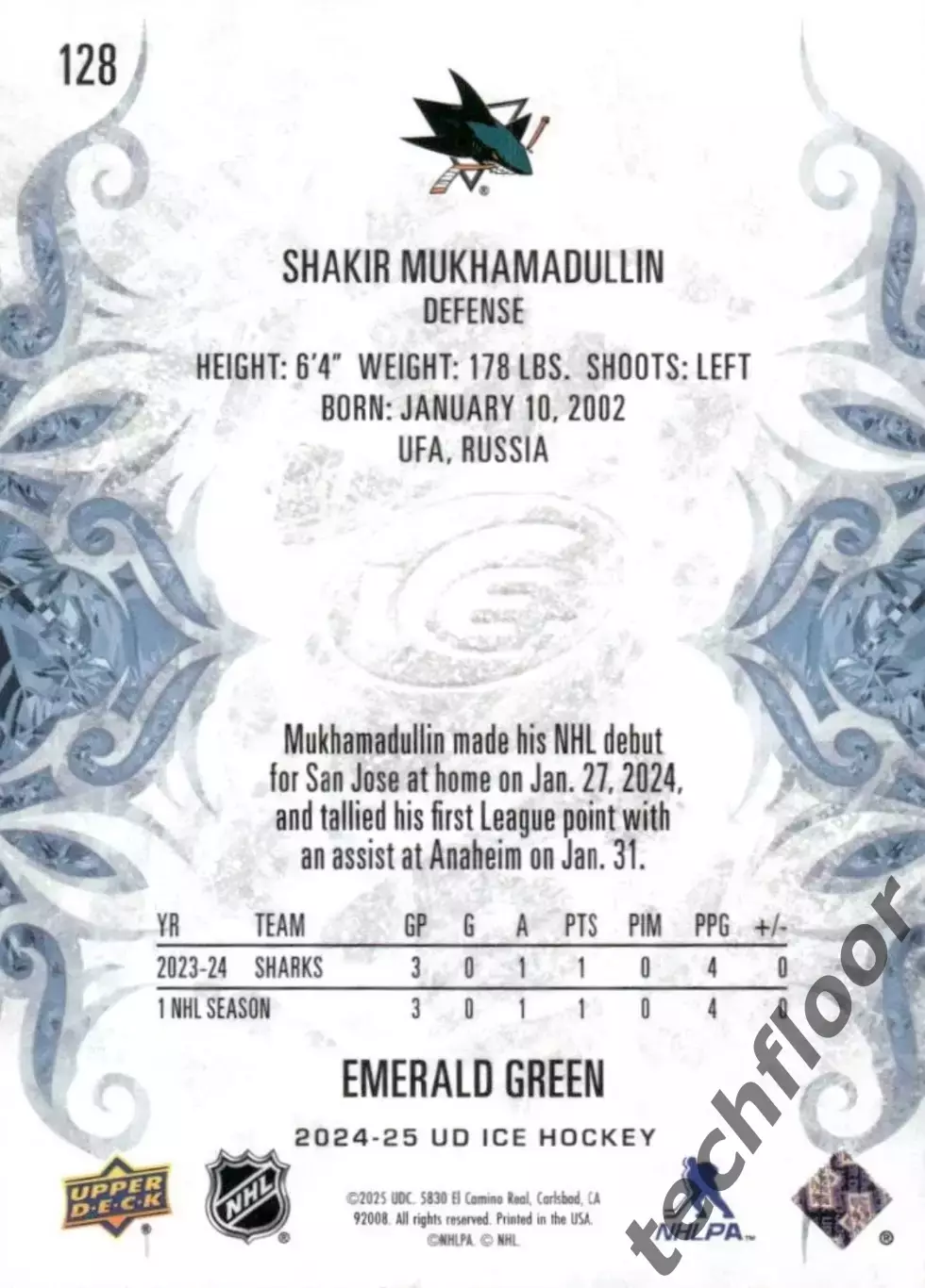 Карточка NHL Shakir Mukhamadullin San Jose Sharks /Шакир Мухамадуллин Сан-Хосе 1