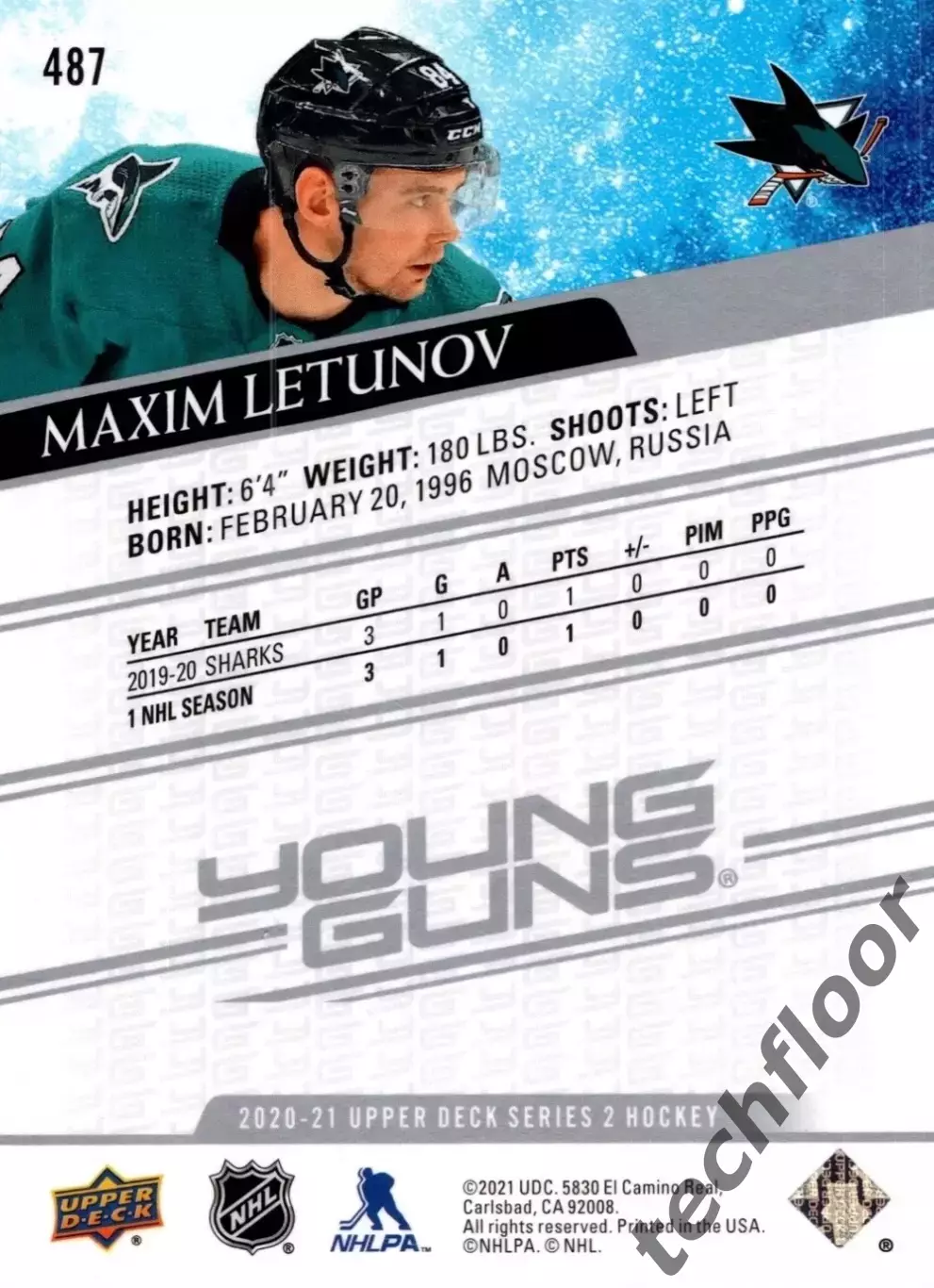 Карточка NHL Maxim Letunov San Jose Sharks/ Максим Летунов Сан-Хосе Шаркс НХЛ 1