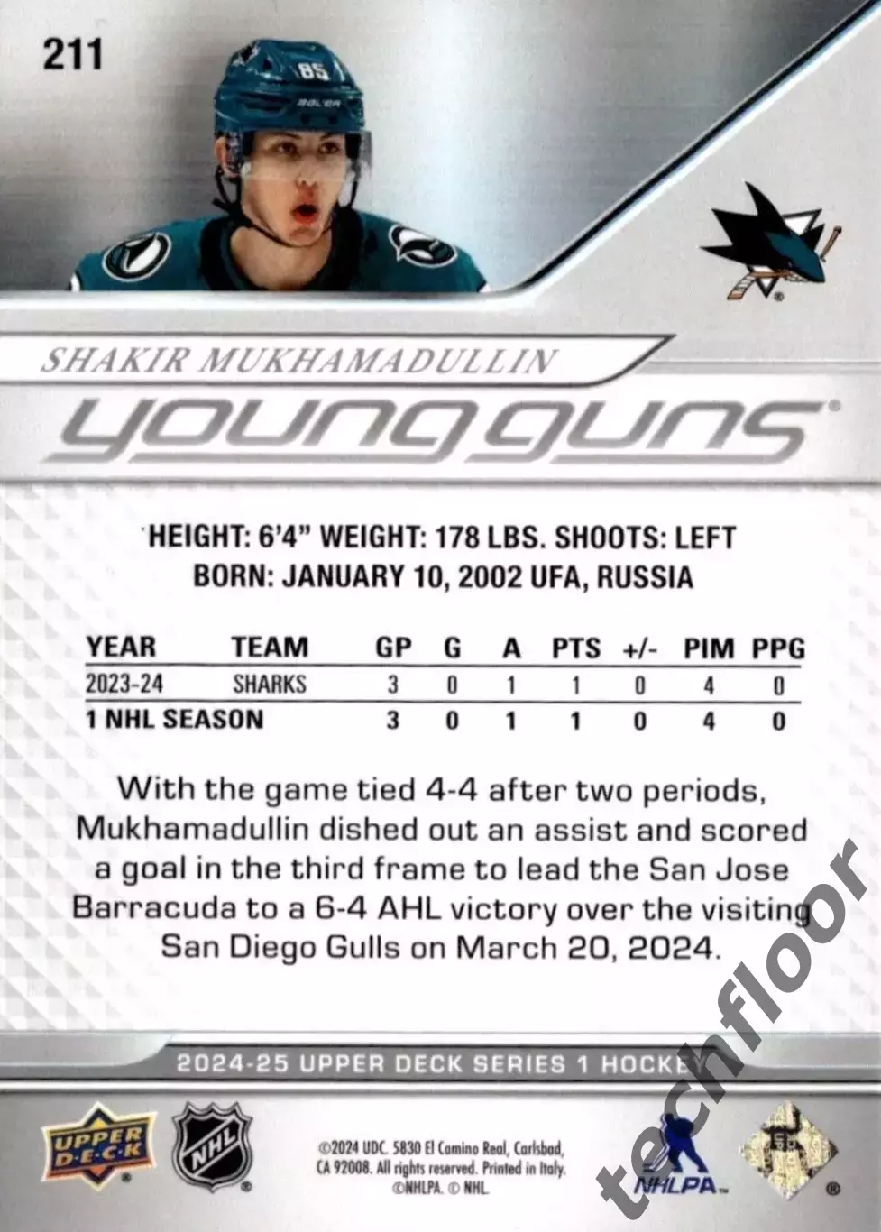 Карточка NHL Shakir Mukhamadullin San Jose Sharks/Шакир Мухамадуллин Сан-Хосе 1
