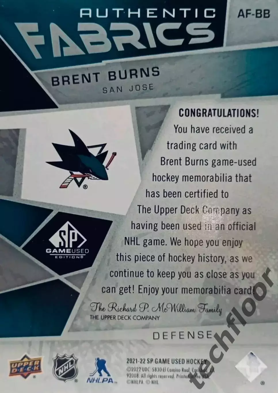 Карточка NHL Brent Burns San Jose Sharks /Брент Бернс Сан-Хосе НХЛ 1