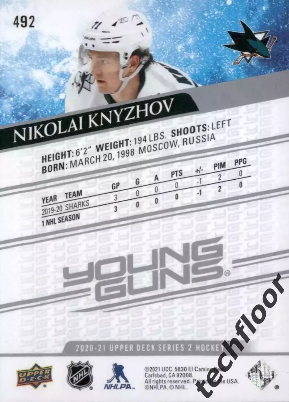 Карточка NHL Nikolay Knyzhov San Jose Sharks/ Николай Кныжов Сан-Хосе НХЛ 1