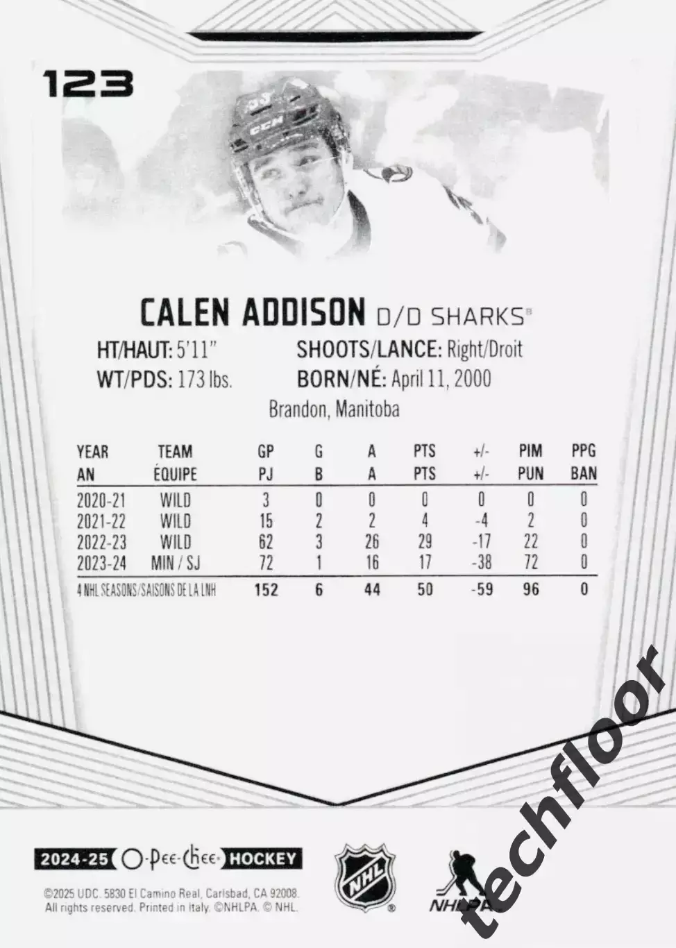 Карточка NHL Calen Addison San Jose Sharks/Кален Эддисон Сан-Хосе Шаркс НХЛ 1