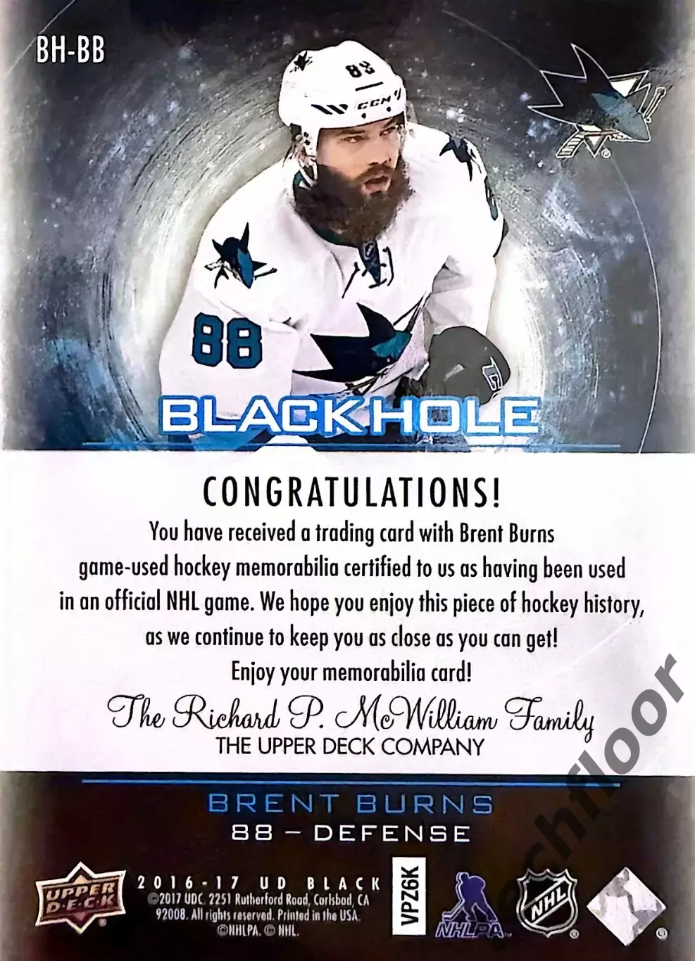 Карточка NHL Brent Burns San Jose Sharks /Брент Бернс Сан-Хосе НХЛ 1