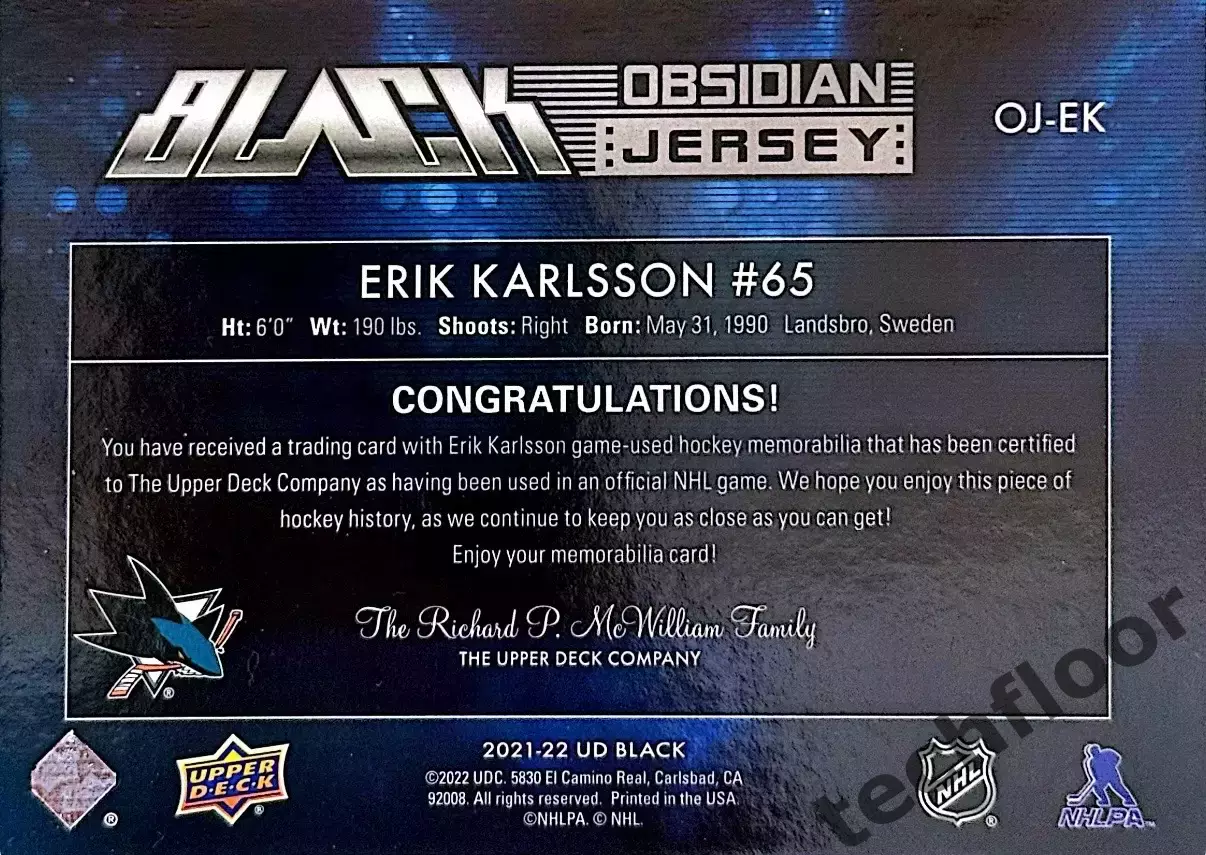 Карточка NHL Erik Karlsson San Jose Sharks /Эрик Карлссон Сан-Хосе НХЛ 1