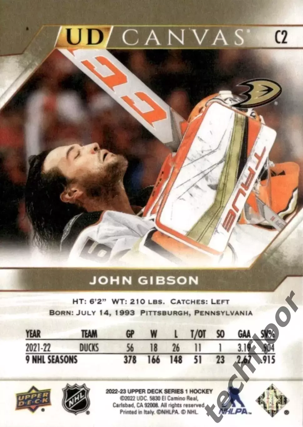 Карточка Canvas NHL John Gibson Anaheim Ducks/Джон Гибсон Анахайм НХЛ 1