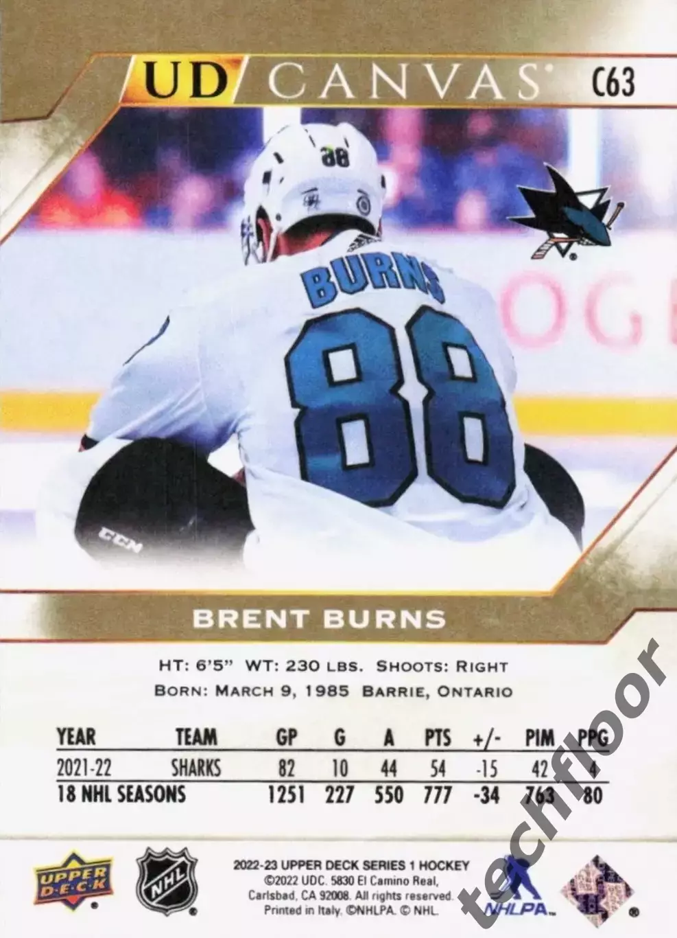 Карточка Canvas NHL Brent Burns San Jose Sharks/Брент Бернс Сан-Хосе НХЛ 1