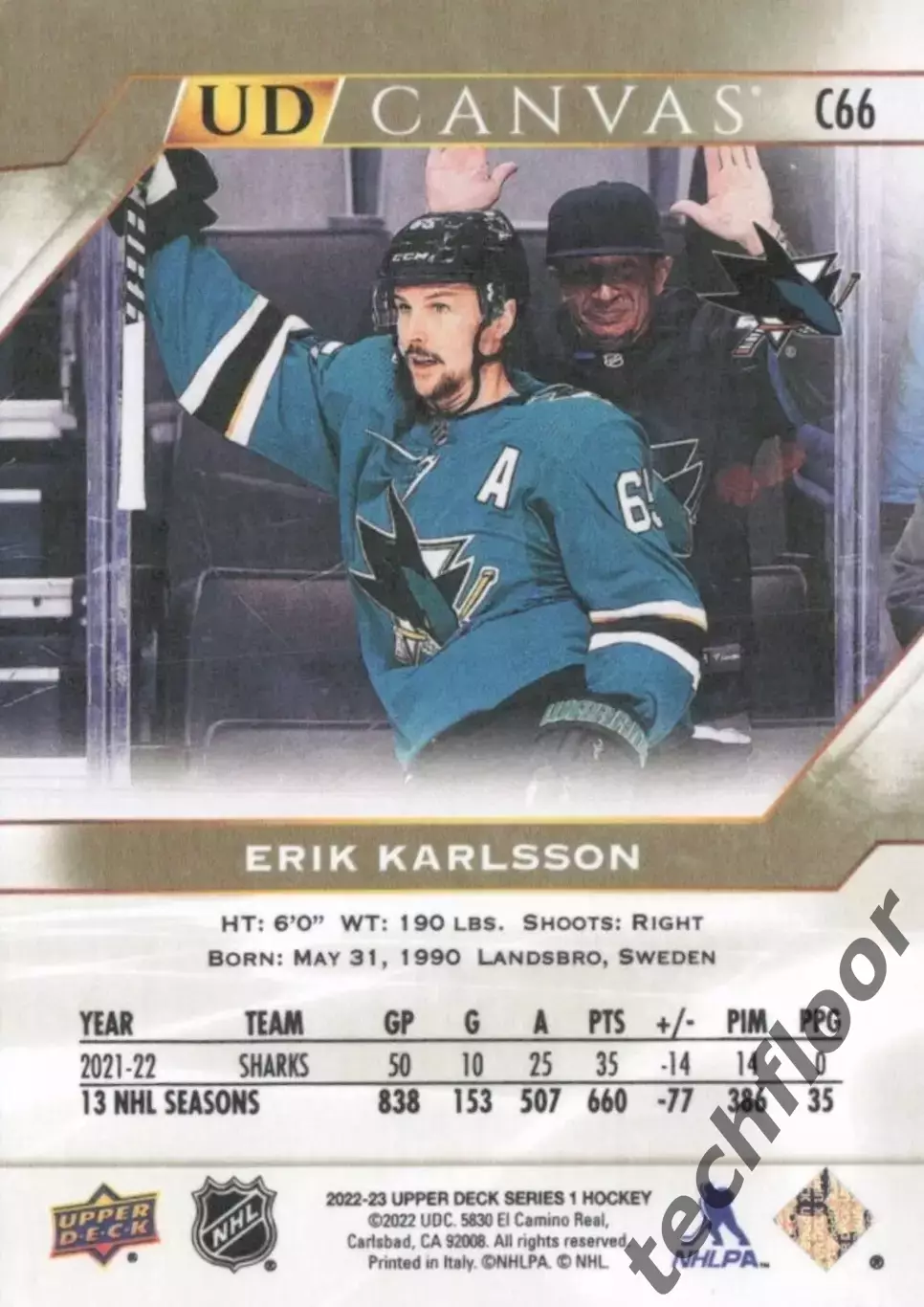 Карточка Canvas NHL Erik Karlsson San Jose Sharks/Эрик Карлссон Сан-Хосе НХЛ 1