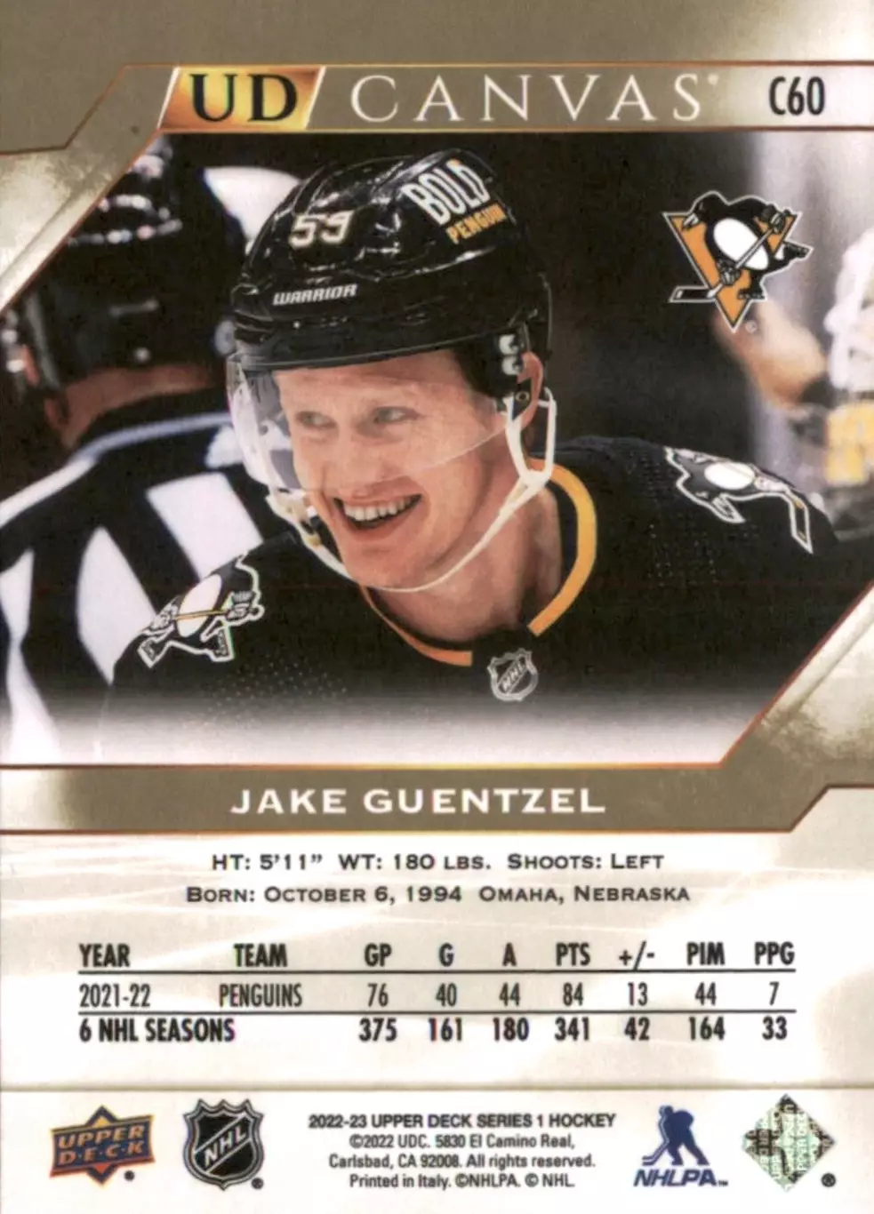 Карточка Canvas NHL Jake Guentzel Pittsburgh Penguins/Джейк Генцел Питтсбург НХЛ 1