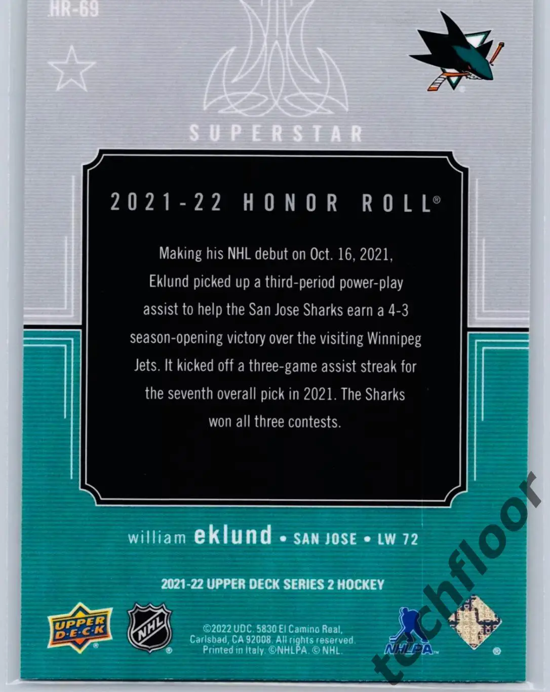 Карточка NHL William Eklund San Jose Sharks/Виллиам Эклунд Сан-Хосе Шаркс НХЛ 1