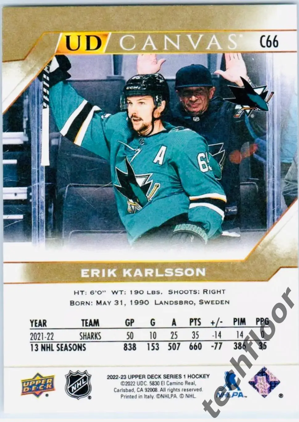 Карточка Erik Karlsson San Jose Sharks/Эрик Карлссон Сан-Хосе Шаркс НХЛ 1