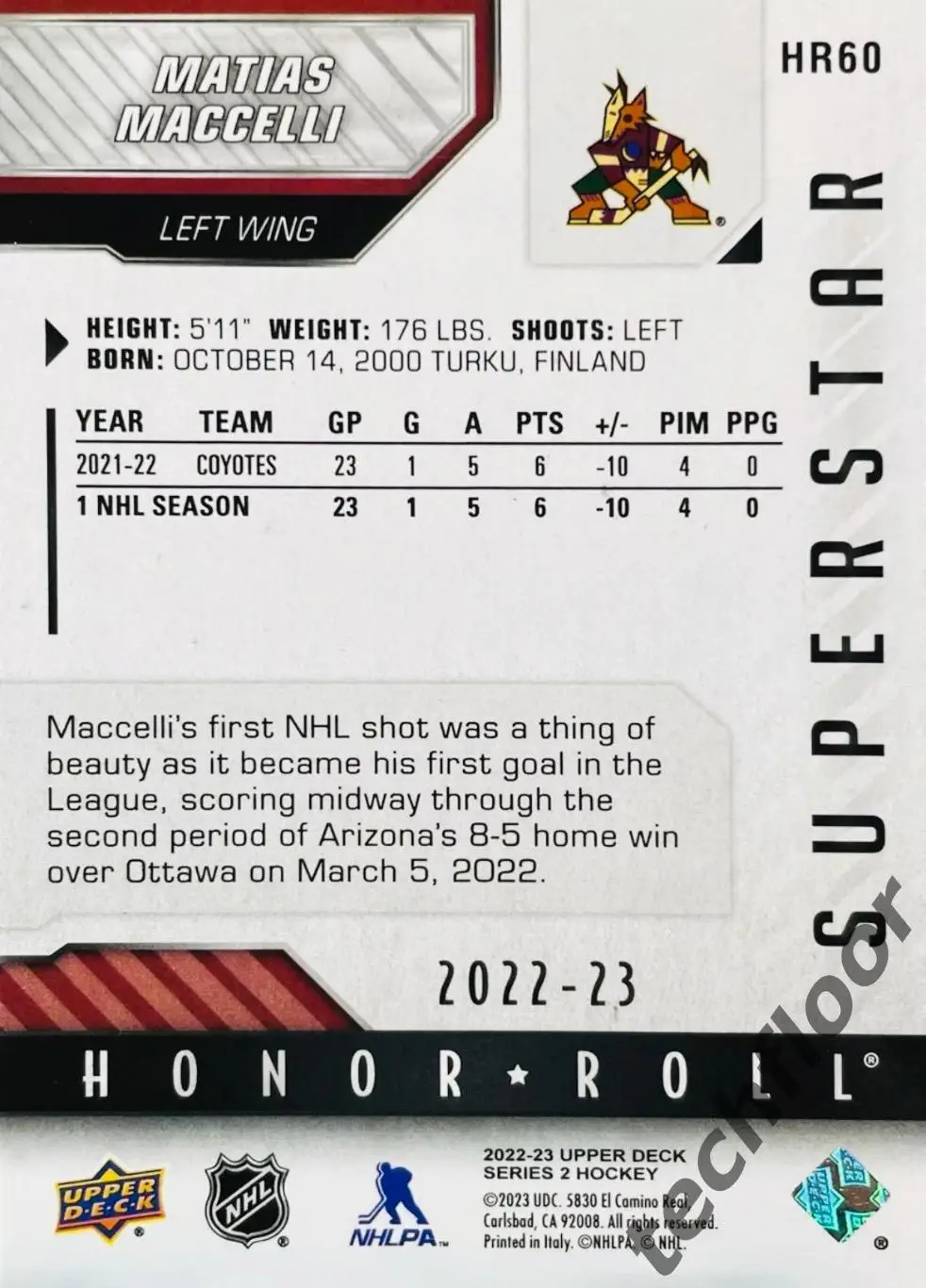 Карточка NHL Matias Maccelli Arizona Coyotes/Матиас Маччелли Аризона Койотис НХЛ 1