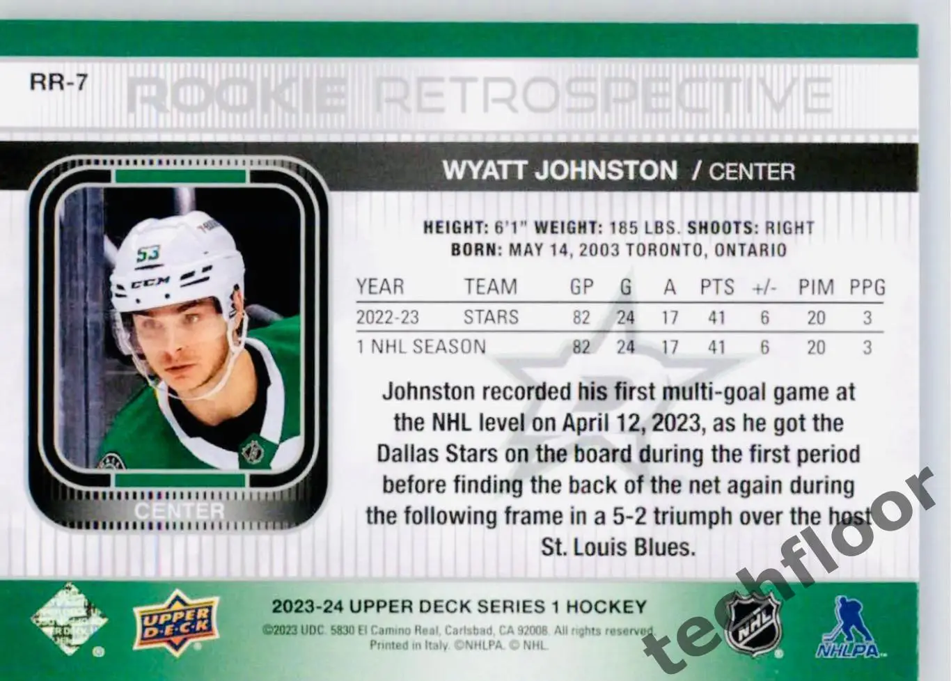 Карточка NHL Wyatt Johnston Dallas Stars/Уайтт Джонстон Даллас Старз НХЛ 1