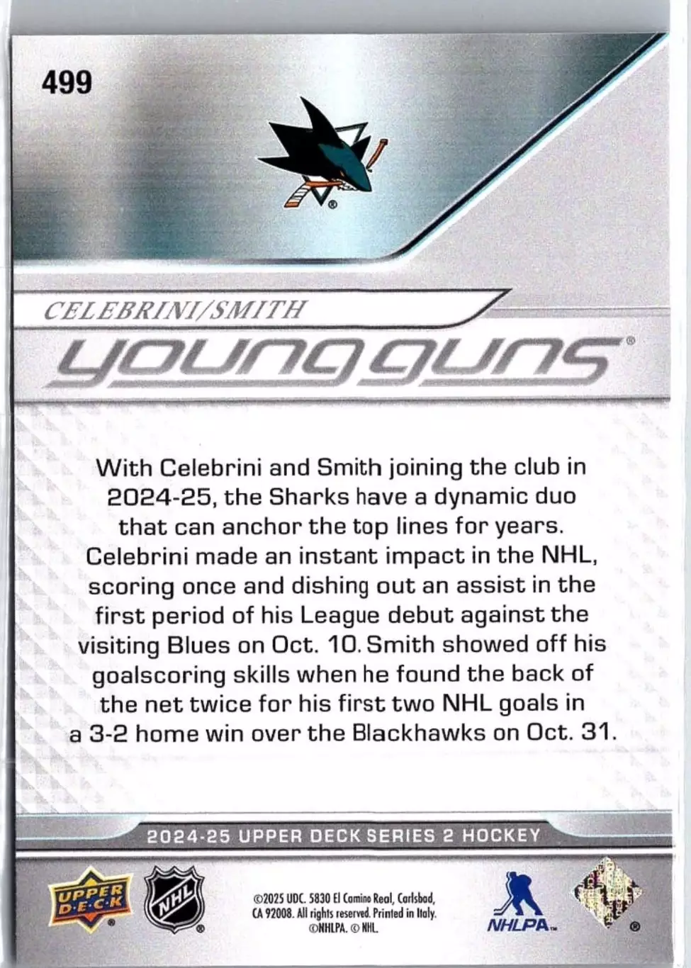 Карточка NHL Macklin Celebrini/Will Smith/Маклин Селебрини/Уилл Смит Сан-Хосе 1