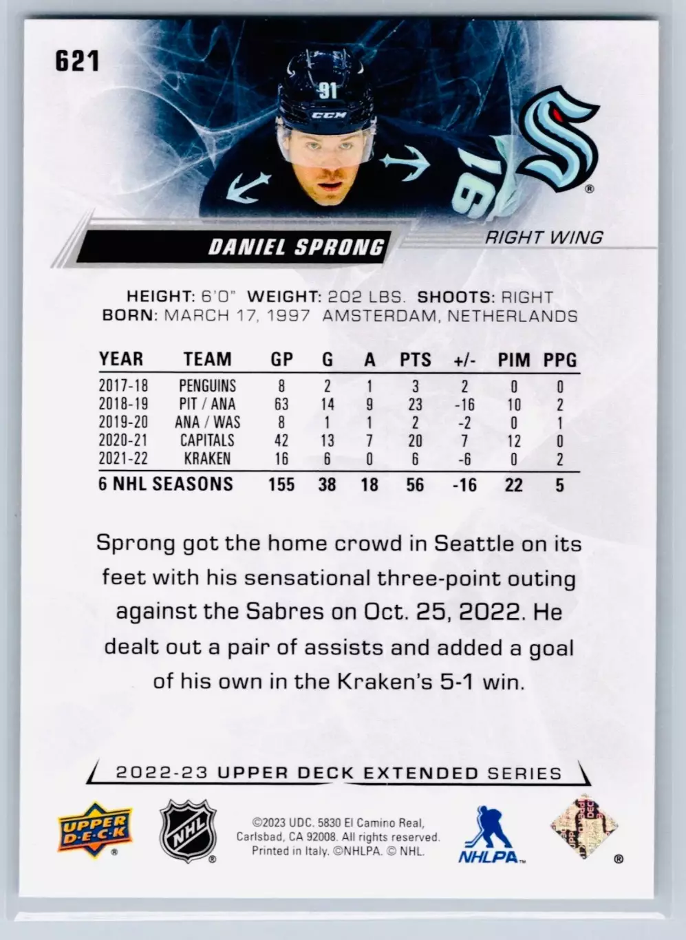 Карточка NHL Daniel Sprong Seattle Kraken/Даниэл Спронг Сиэтл Кракен НХЛ 1