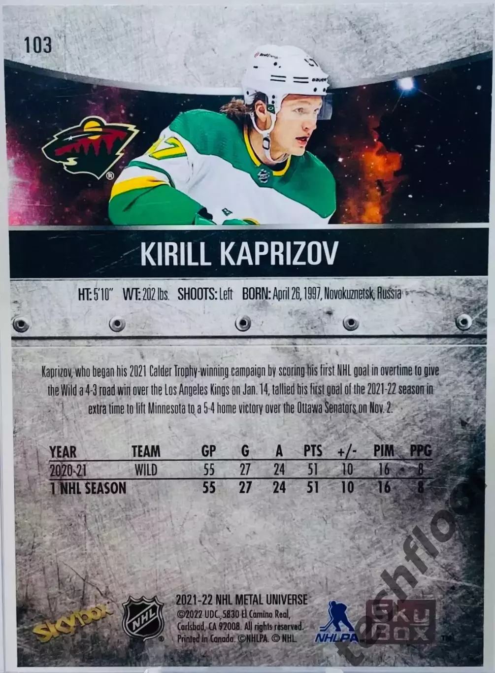 Карточка NHL 105 Kirill Kaprizov Minnesota Wild / Кирилл Капризов Миннесота 1