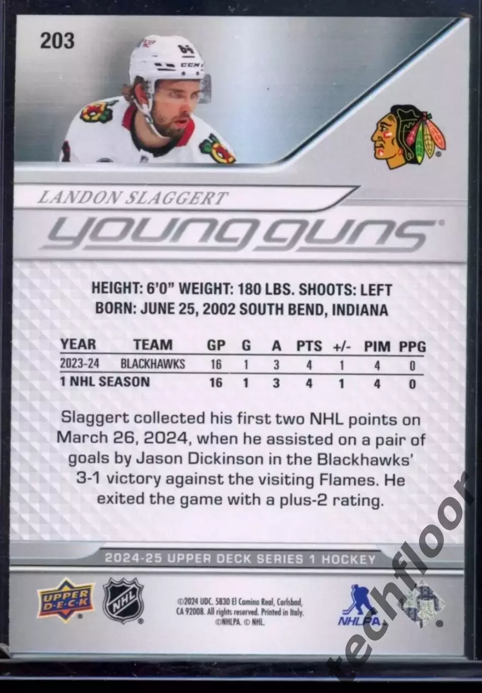 Карточка NHL Landon Slaggert Chicago Blackhawks 1