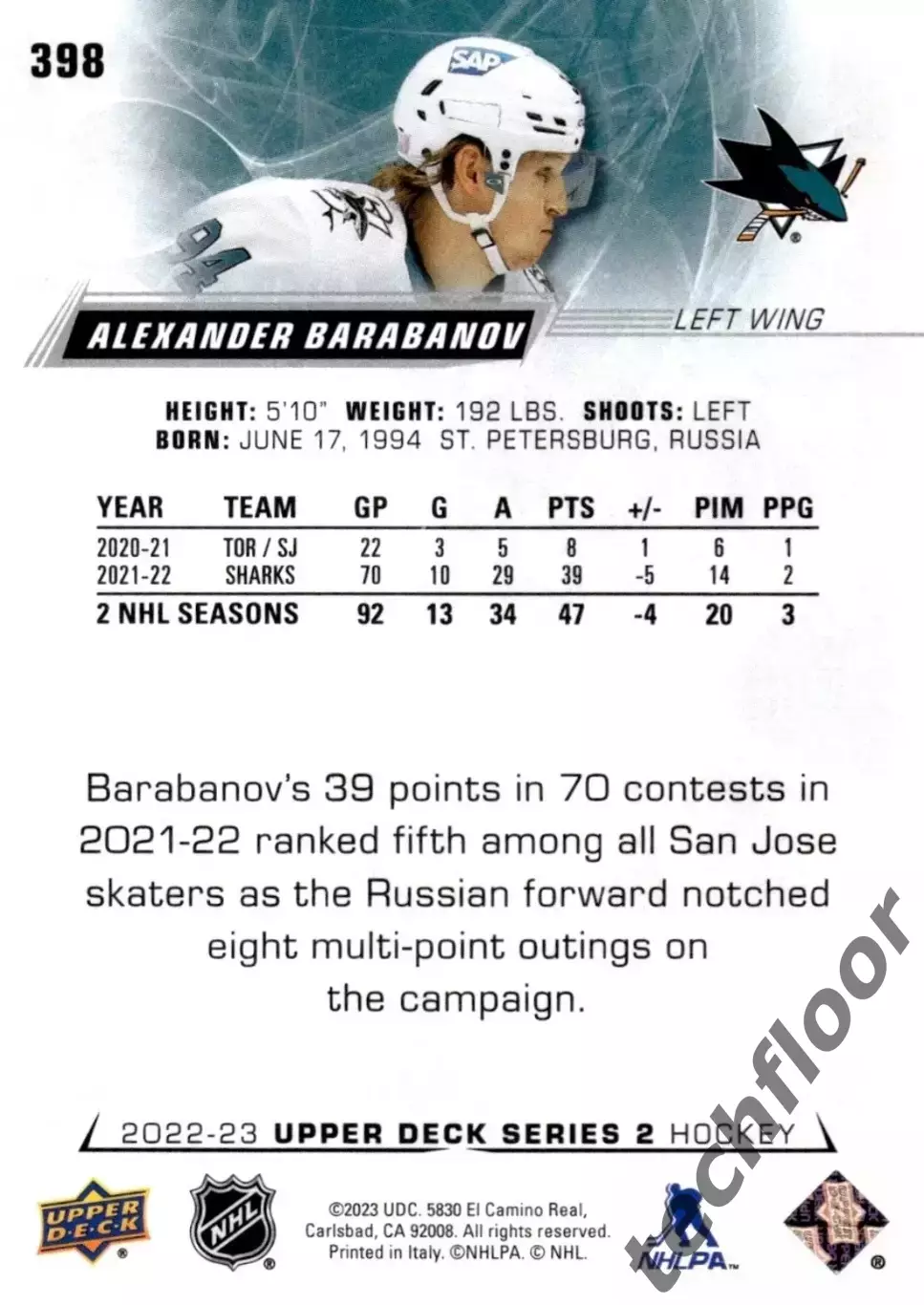 Карточка NHL Alexander Barabanov San Jose Sharks/Александр Барабанов НХЛ 1
