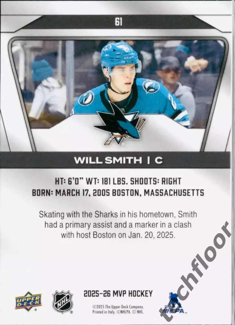 Карточка NHL Will Smith San Jose Sharks 1