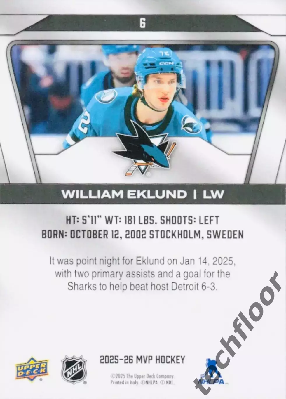 Карточка NHL William Eklund San Jose Sharks 1