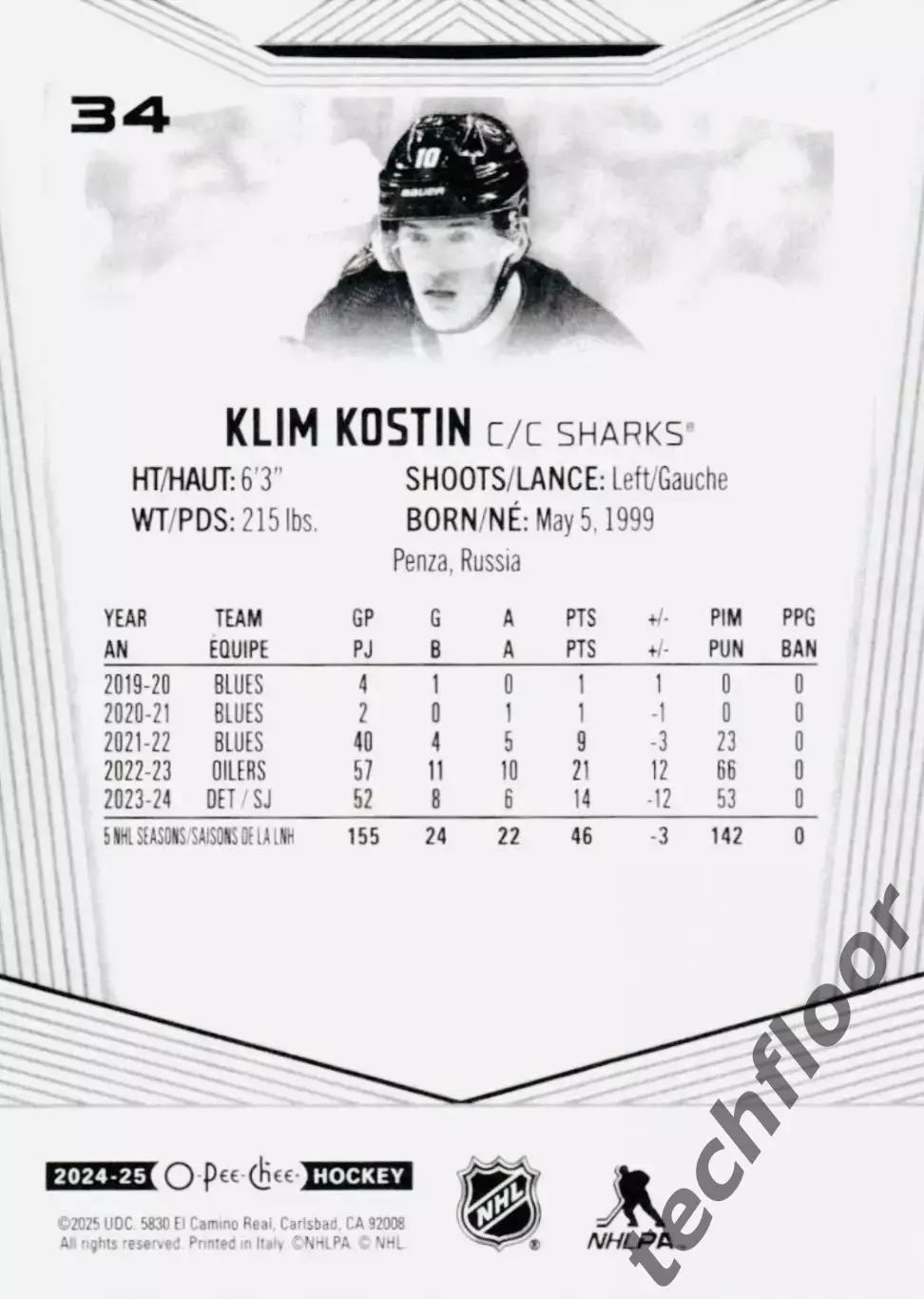 Карточка NHL Klim Kostin San Jose Sharks 1