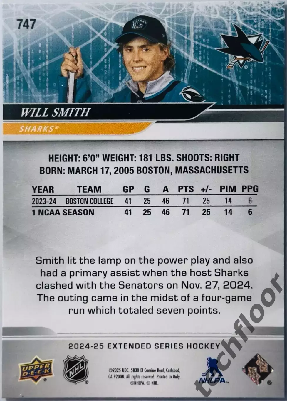 Карточка NHL 747 Will Smith San Jose Sharks 1