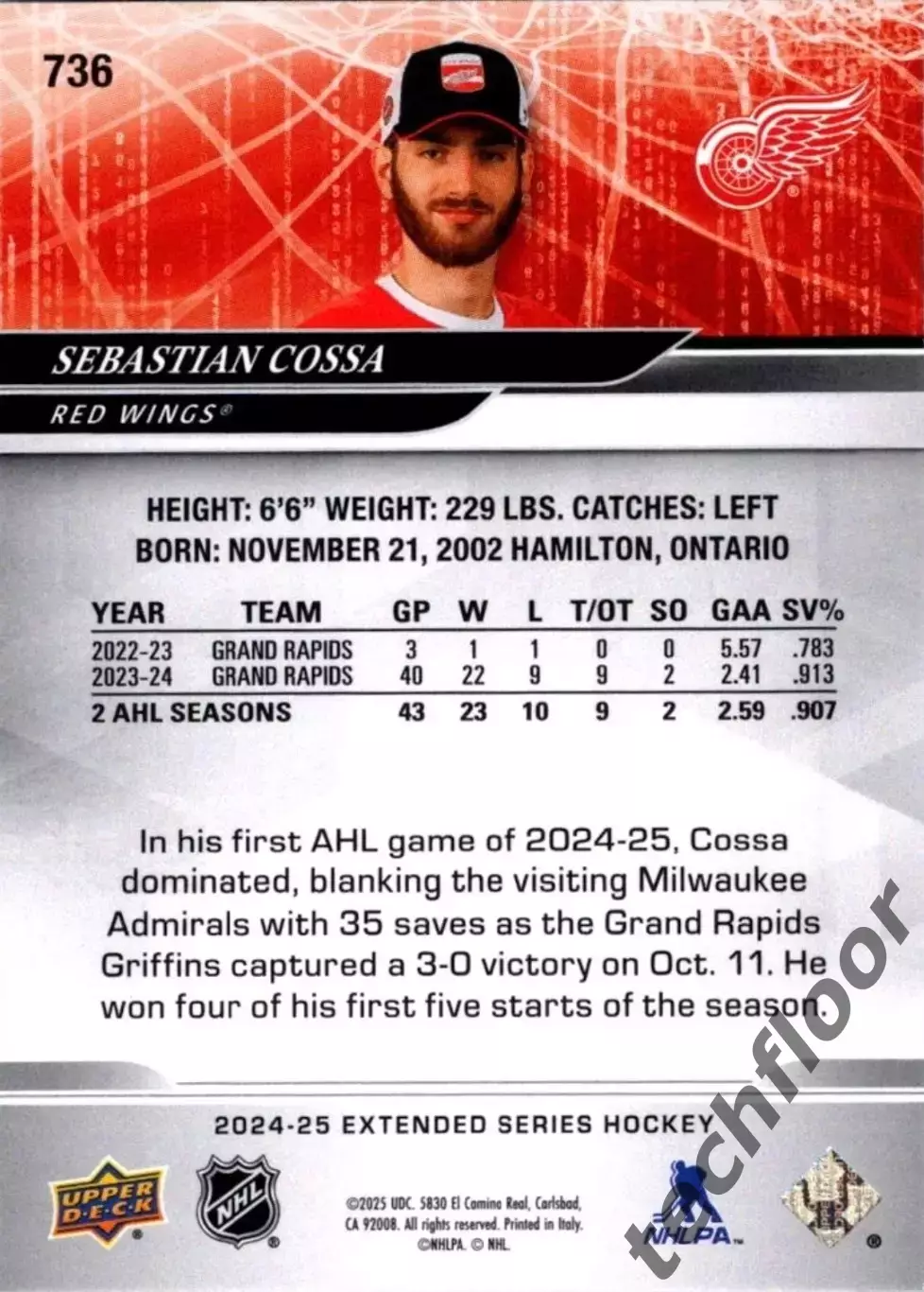 Карточка NHL Sebastian Cossa Detroit Red Wings 1